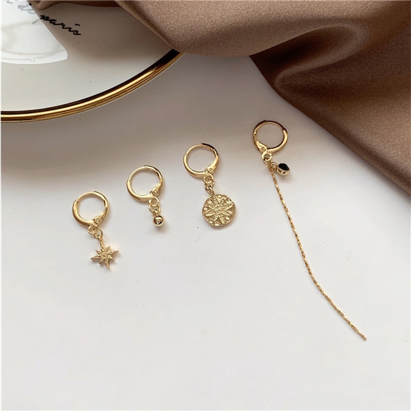 [ACKER] 4 Pcs/set Korea Desain Vintage Alloy Stars Set Anting-Anting Panjang Untuk Wanita