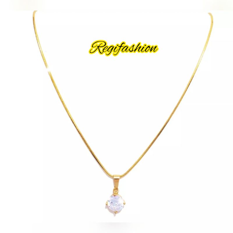 Kalung titanium liontin permata bulat gold fashion wanita terlaris anti karat tidak luntur