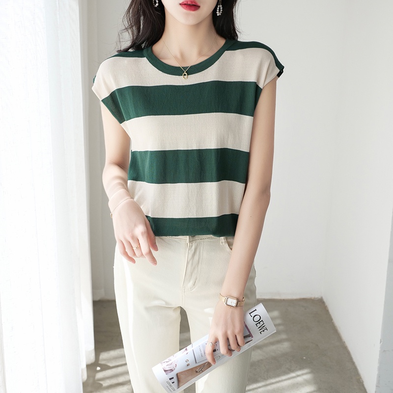 【Elegant】Korean Knit Round Neck Striped sleeveless T-Shirt 7481