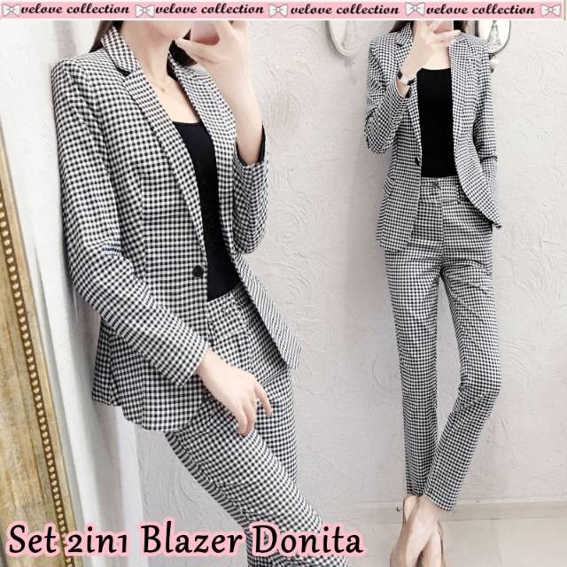 V01E Setelan Blazer kotak Donita