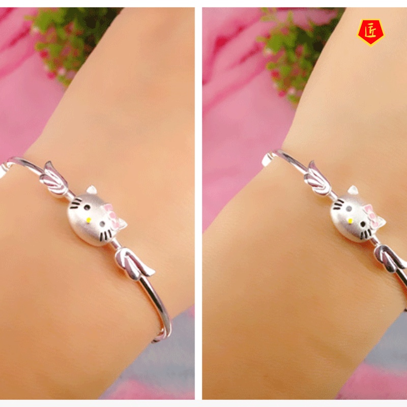 [Ready Stock]Cartoon Cute Kitty Cat Silver Solid Bracelet for Women