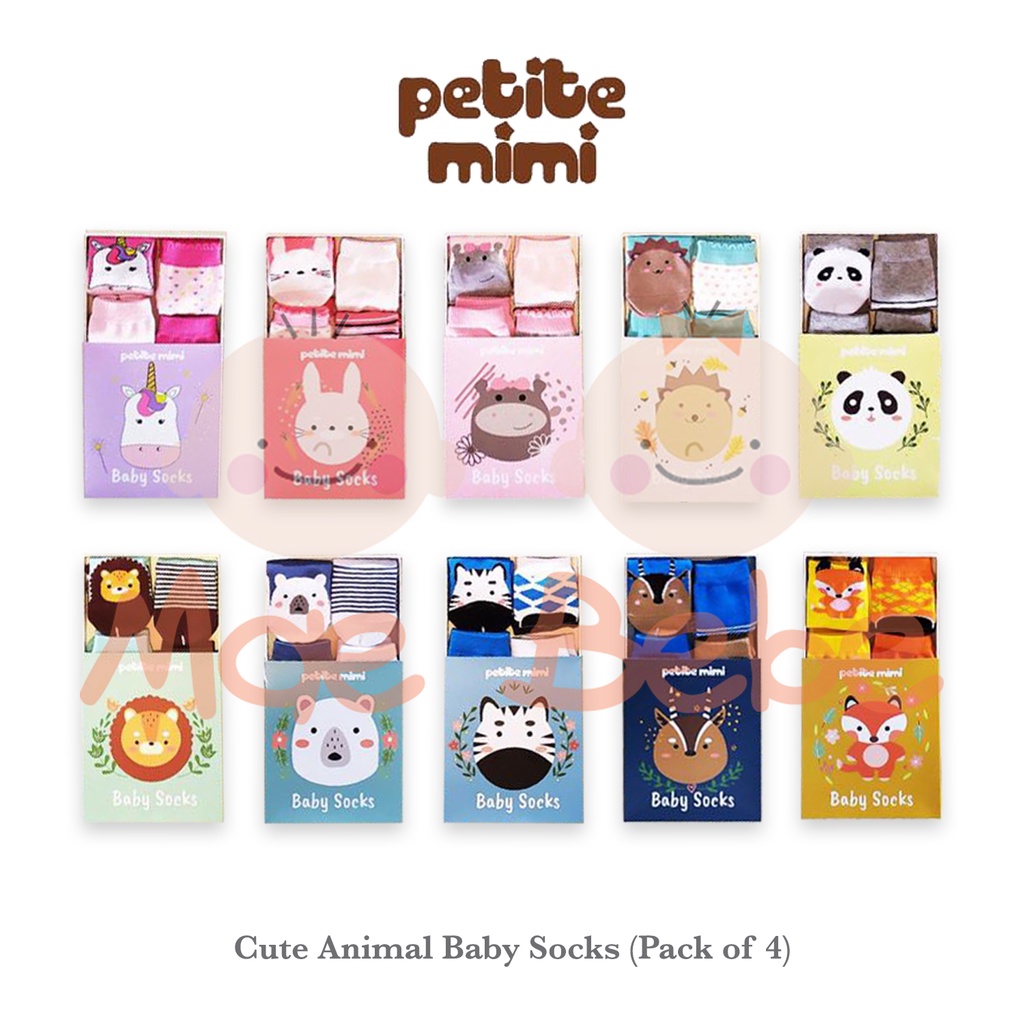 Petite Mimi Kaos Kaki Cute Animal Socks Anti Slip 0-12 Bulan Isi 4 Pasang