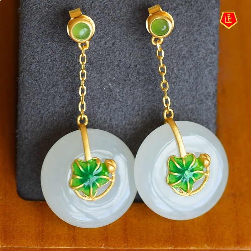 [Ready Stock]Lotus Inlaid Hetian Jade Earrings Pendant Ring Bracelet Set