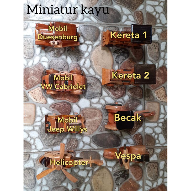 Mainan Kayu/ Miniatur Kayu/ becak/ mobil/ kereta/ Pesawat/ Vespa Kayu