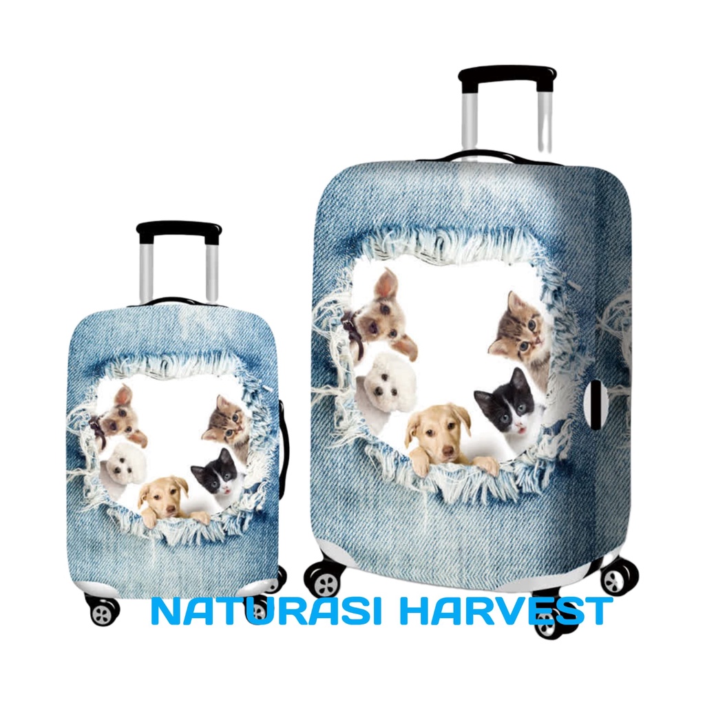 Luggage cover koper motif anjing kucing lucu bahan spandex elastis pelindung koper UK. S M L