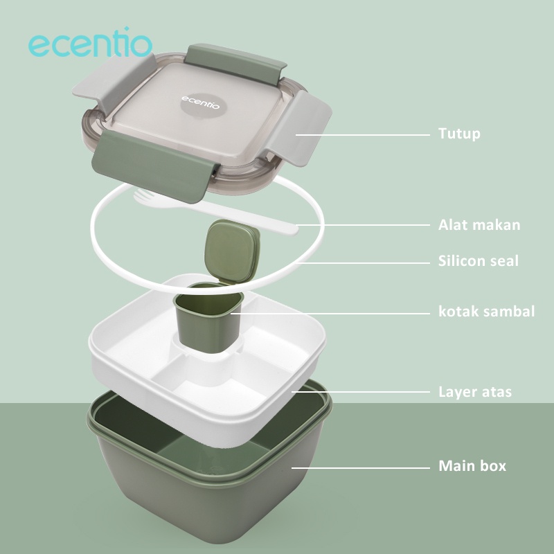 ecentio 1.1L lunch box/kotak makan double layer free kotak/tempat bekal makan sambal/sauce cup