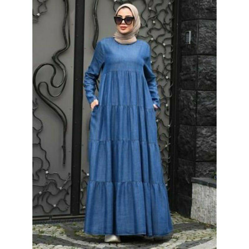 Long Dress Wanita / Party Dress FREE BELT DENIM DRESS Lebaran