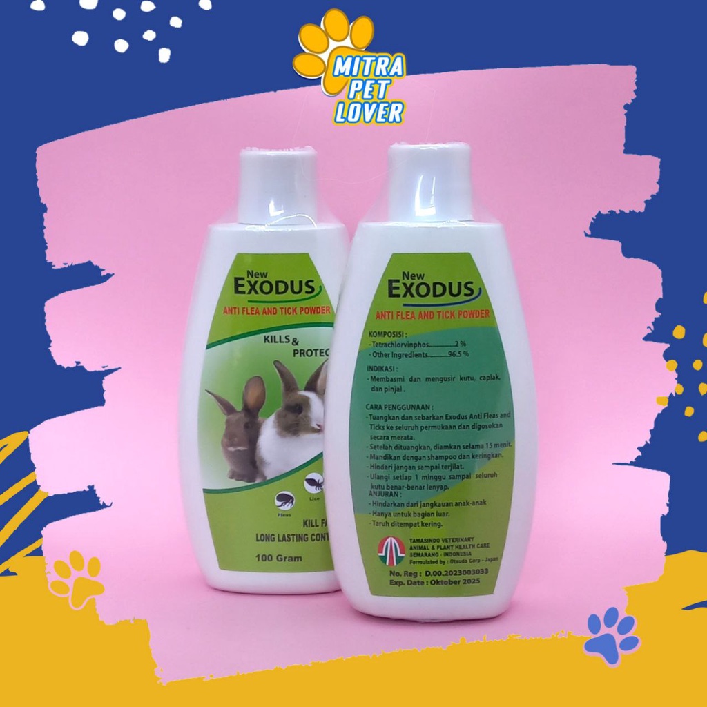 BEDAK ANTI KUTU KELINCI - EXODUS TALK POWDER 100 GRAM - BUBUK ANTI FLEA KUTU CAPLAX TICK CAT PINJAL RABBIT - ORIGINAL - MURAH GARANSI ASLI KUALITAS - PET ANIMAL HEALTHCARE VETERINARY TAMASINDO OBAT &amp; VITAMIN TERNAK HEWAN BINATANG PELIHARAAN MITRAPETLOVER