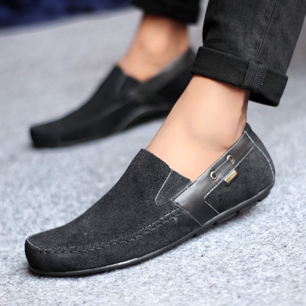 ENOZSTORE Sepatu Original Pria Kulit Suede Asli Slip On Kasual Jalan Santai Slop Casual Cowok Cowo Keren Ringan Kekinian