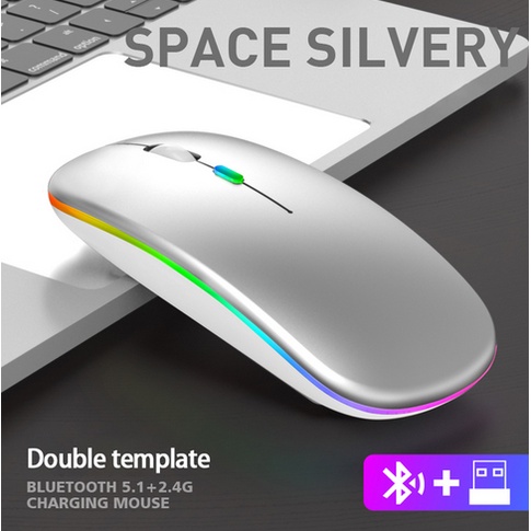 Bluetooth 5.1 + 2.4G Silent Wireless Mouse Rechargeable 1600 DPI RGB LED Backlit Isi Ulang Mouse Gaming-BT5.1+2.4G - Perak