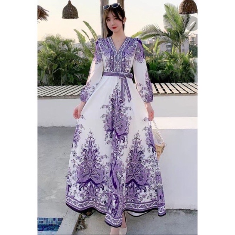 SALE!!! DRESS MAXI ESTILO ELEGAN IMPORT / IVORY ORI BKK-putih corak ungu