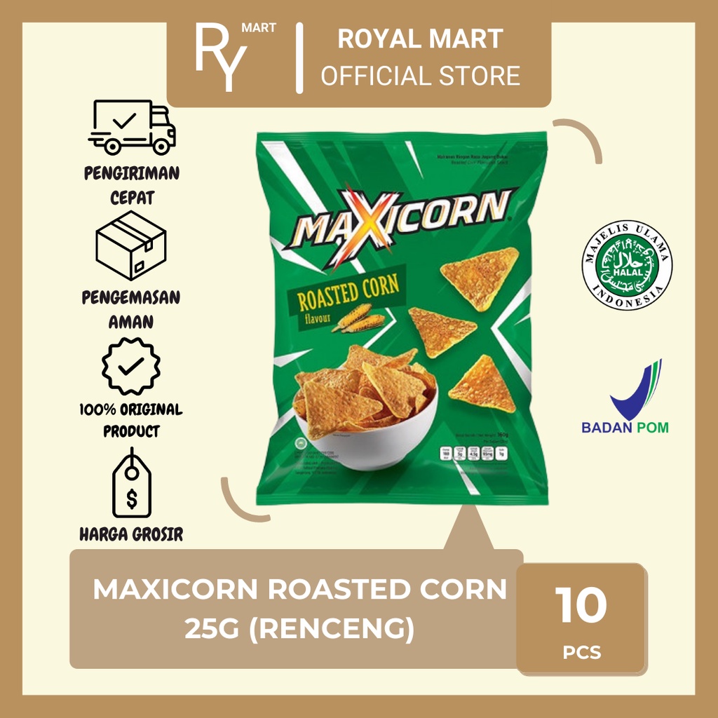 

Maxicorn Keripik Tortilla rasa Jagung Bakar 25g x 10's