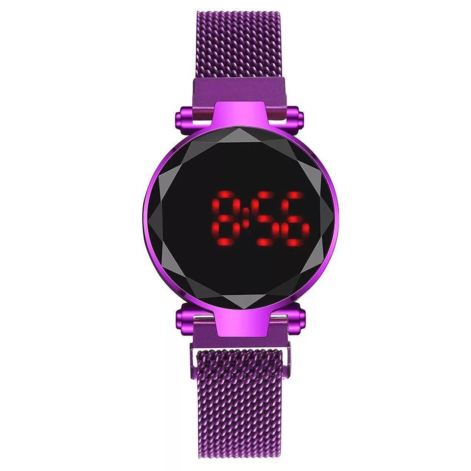 Jam Tangan Magnet LED Touch Screen Bulat Digital / Jam Tangan Wanita Korea Strap Magnet LED-36-7 Ungu