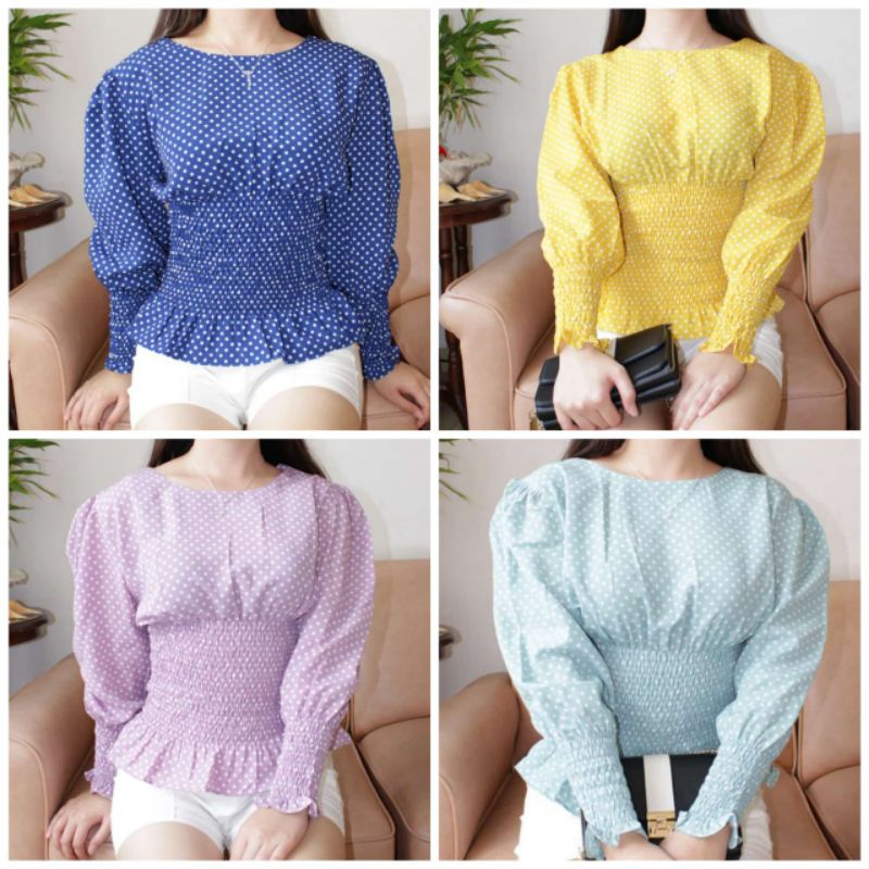 BAJU WANITA IMPORT FASHION TERBARU BLOUSE ATASAN PAKAIAN CEWEK MOTIF POLKADOT SMOKE TRENDY