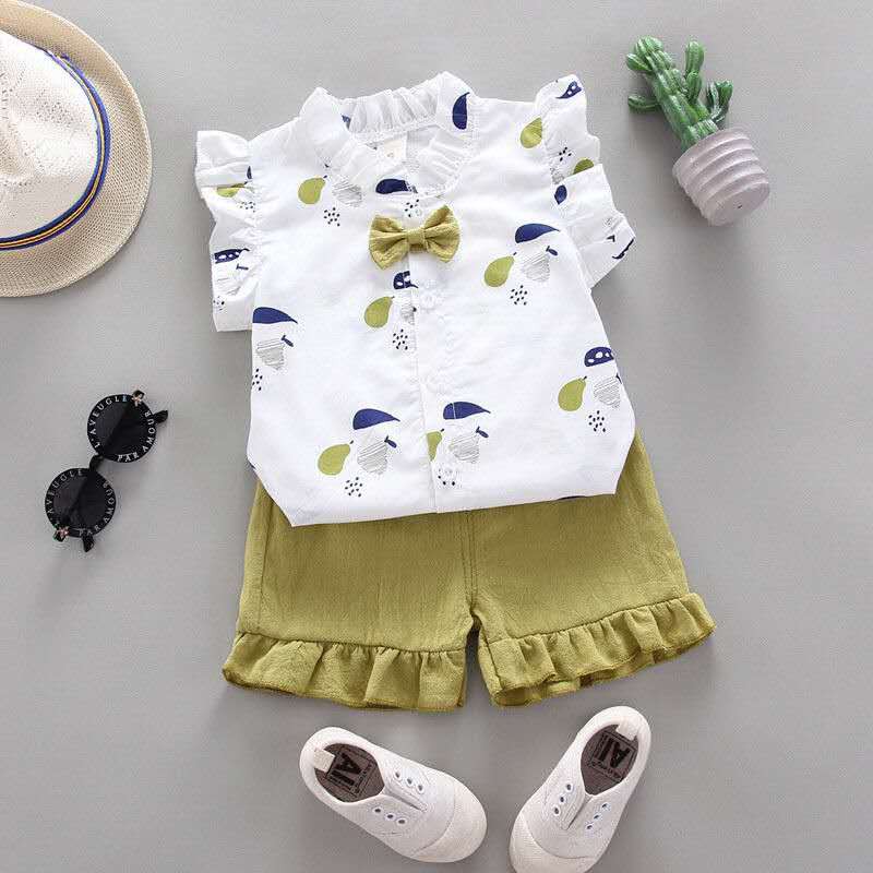 KF CAT Baju Setelan Anak Perempuan Kemeja+Celana Pendek Bahan Kapas Set Bayi Cewek Busur Import