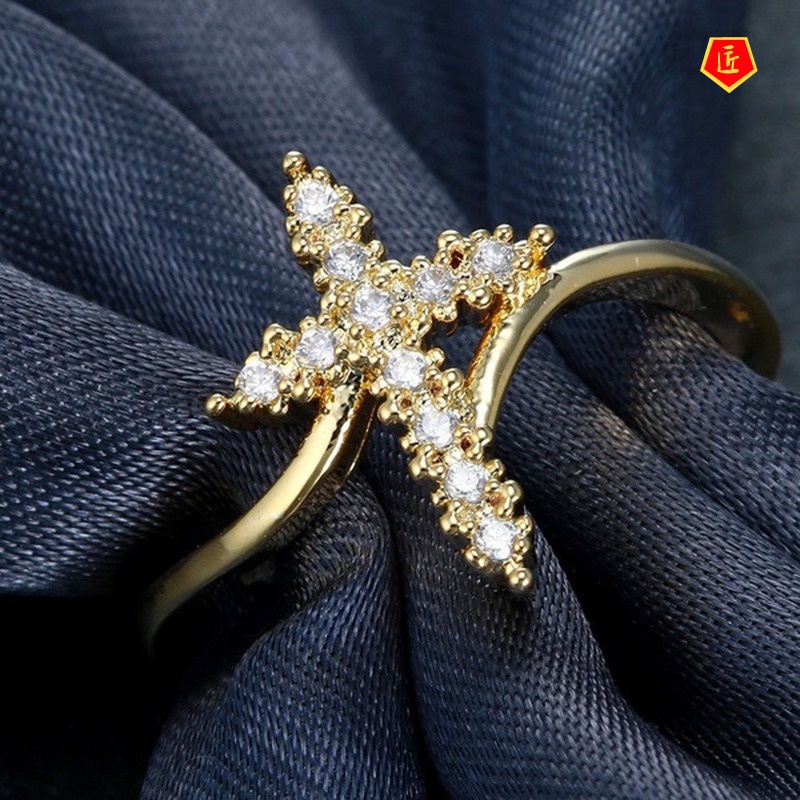 Cincin Motif Salib Yesus Aksen Berlian Imitasi Untuk Wanita