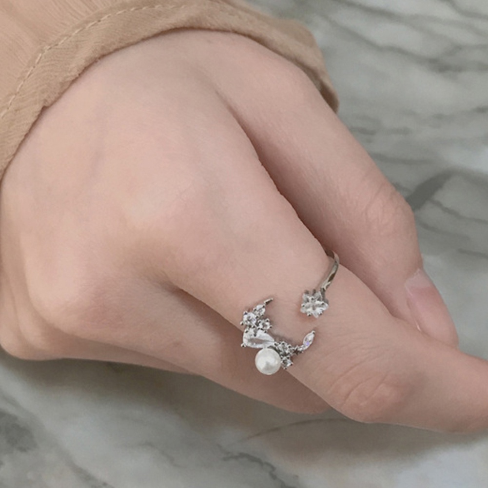 Hu Hu Hu Hu Hu Alat Bantu Pasang Kacamata♡ Cincin Open Ring Adjustable Desain Bulan Bintang Hias Cubic Zirconiamutiara Imitasi Untuk Wanita