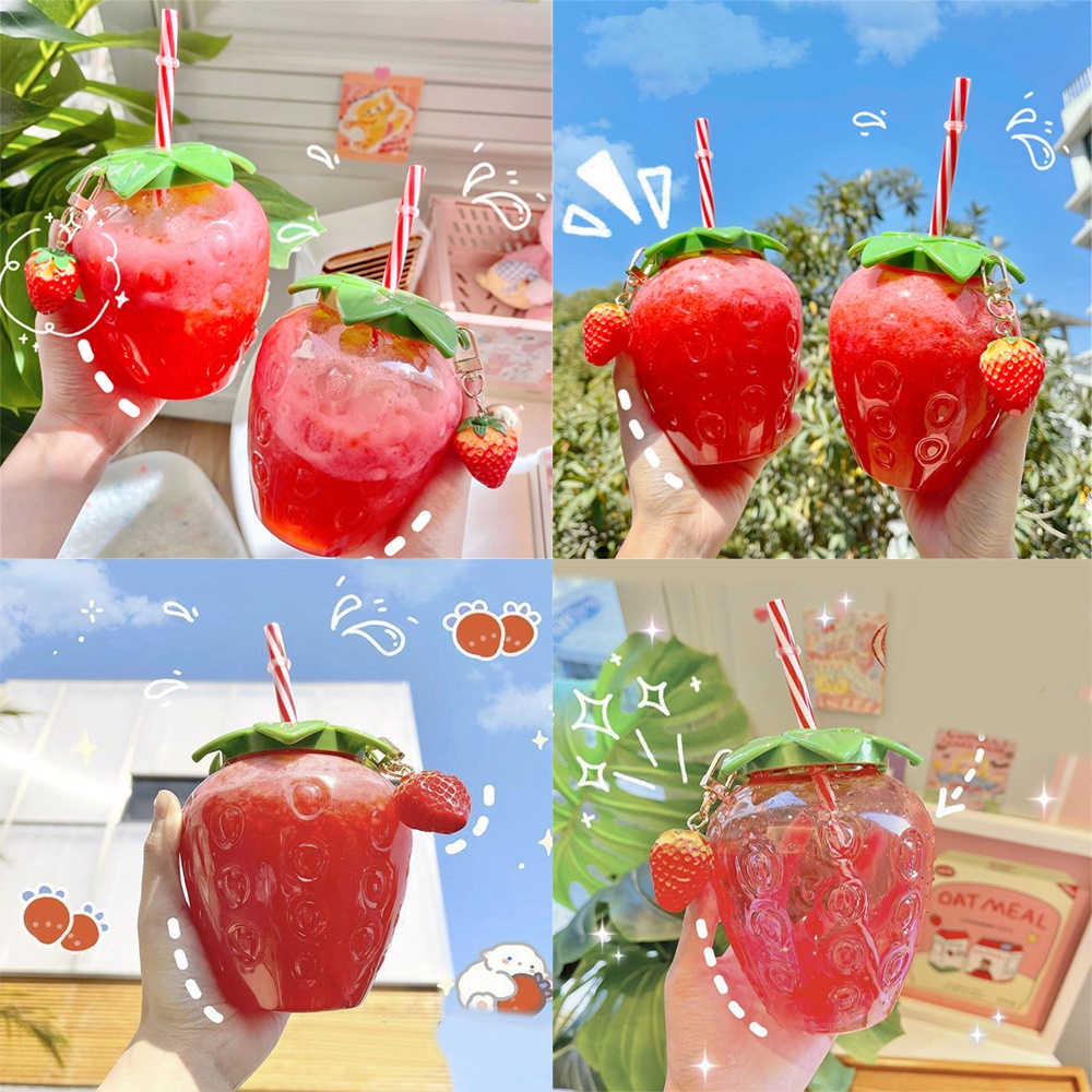 Botol Minum Susu Teh Bahan Plastik Motif Strawberry Dengan Sedotan Untuk Wanita