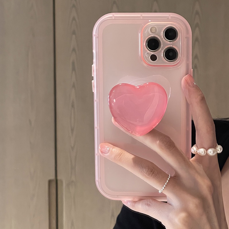 Japan Jelly Korea Pink Love Heart Stand Holder Soft Transparent Case For iPhone X XR XS 11 12 13 Pro Max 7/8 SE2020 7 Plus/8 Plus Back Protective Cover