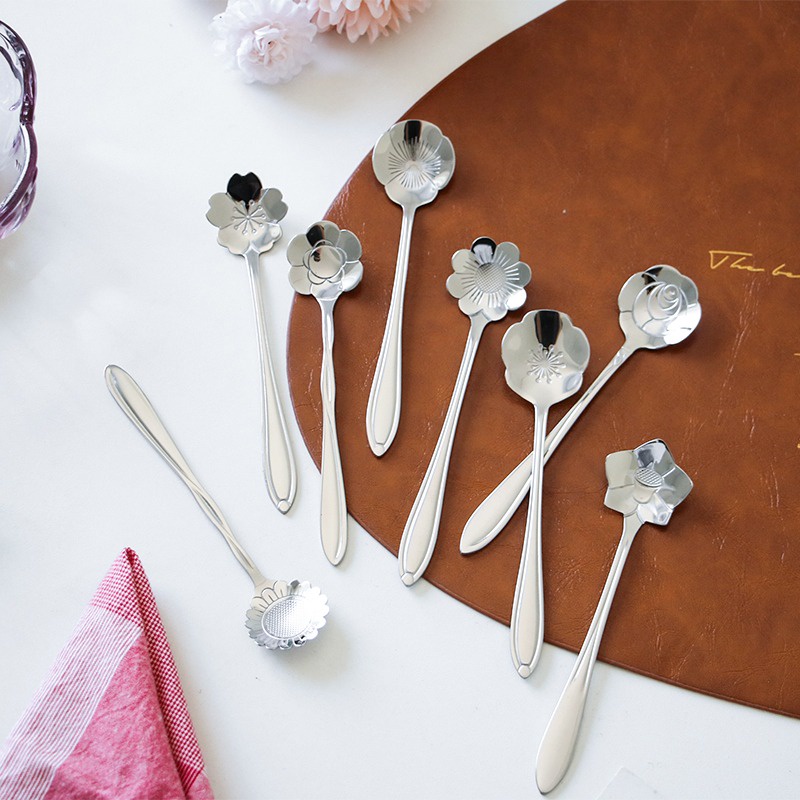 HOVELSHOP Sendok Teh Kopi Pendek Motif Bunga Set Tea Spoon Mewah Stainless Steel