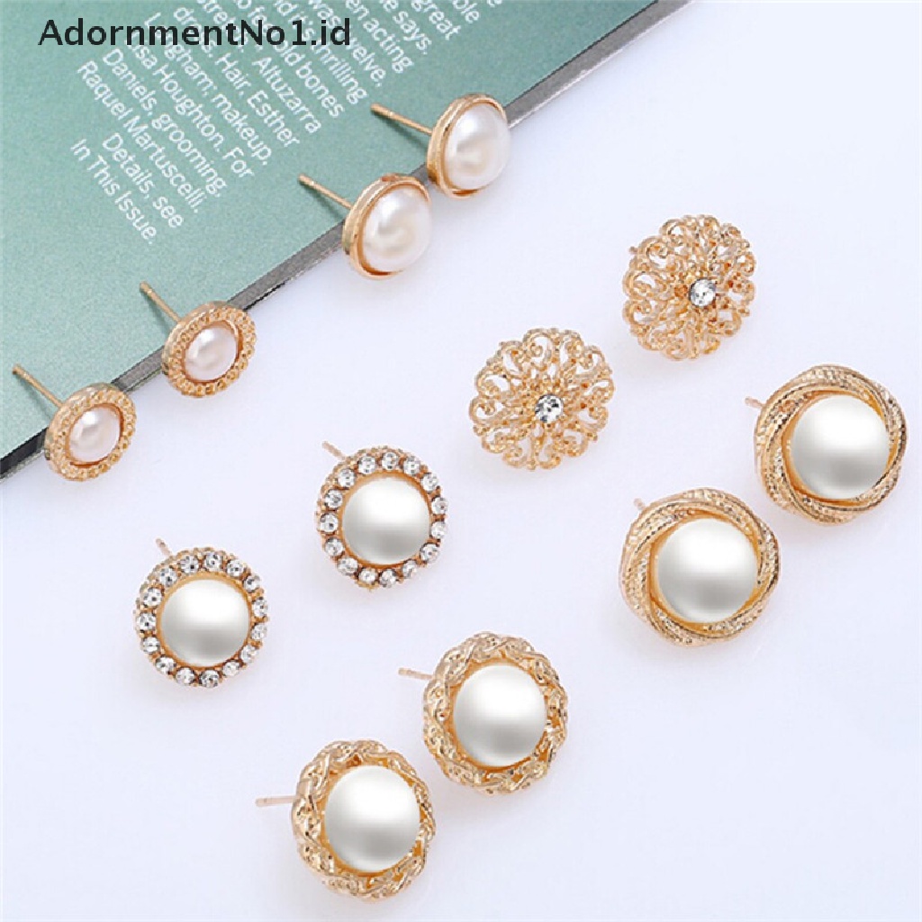 (AdornmentNo1) 6 Pasang / Set Anting Tusuk Motif Tanda + Mutiara + Berlian Imitasi Untuk Perhiasan Wanita (ID)