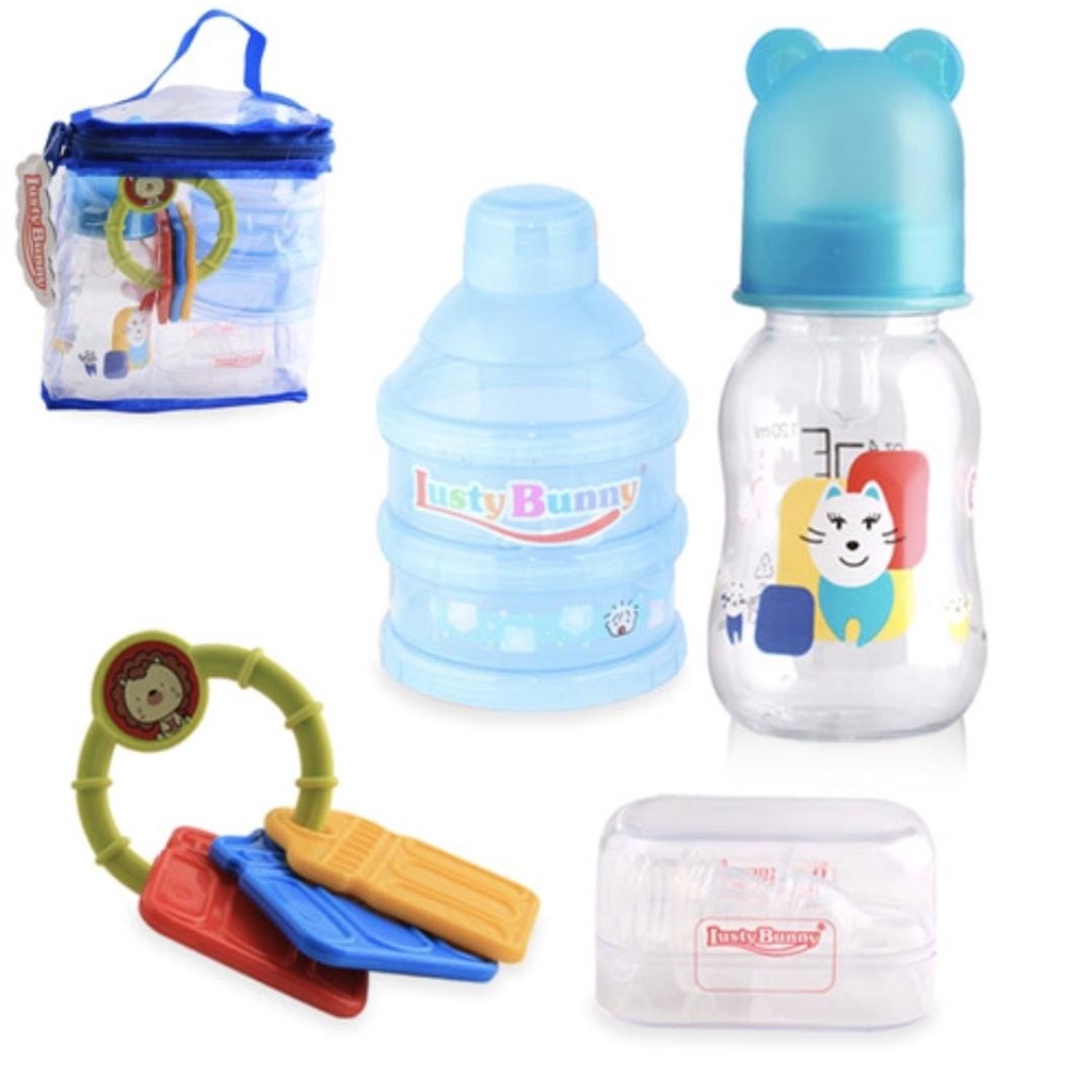 Kado Bayi LUSTY BUNNY 4 in 1 / 2in1  Bingkisan Botol Susu Bayi Lusty Bunny BK-1 Gift Baby Isi Botol susu 120ml, Dot, Mainan, Wadah susu bayi BK1 kado Bayi newborn new born baru lahir