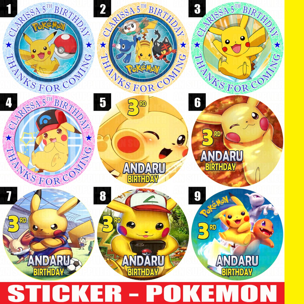 

60 STIKER LABEL BAG / KUE / SOUVENIR ULTAH ULANG TAHUN - POKEMON , PJ MASKS