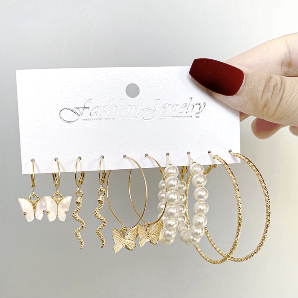 Anting Set Tusuk 6 Pasang Kupu Hoop Mutiara Ular Mini Dalika