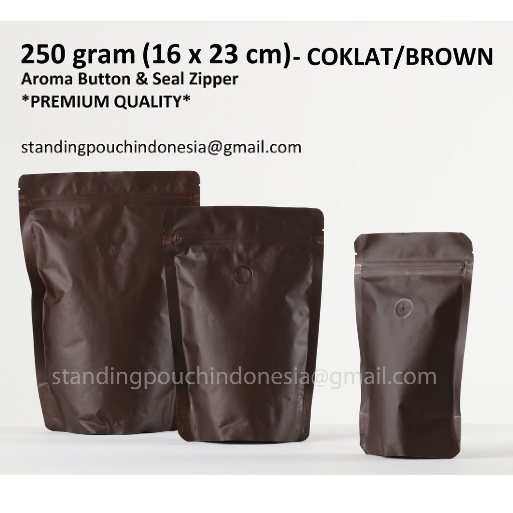 

Kemasan Kopi Standing Pouch 250g (50PCS) (VALVE + ZIPPER) COKLAT *PREMIUM*