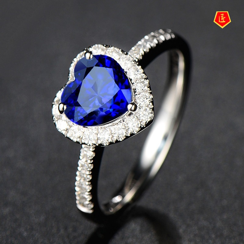 [Ready Stock]Heart-Shaped Sapphire Ring for Women Simple and Elegant