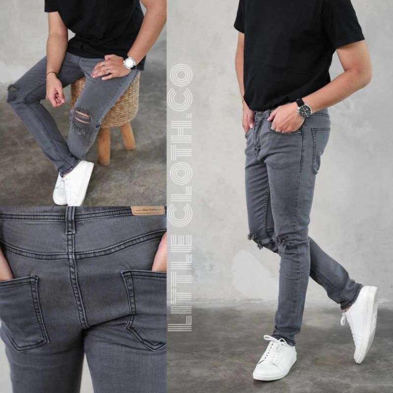 Celana Jeans Pria Sobek Lutut Robek Ripped Soft Denim Premium Size 27-38