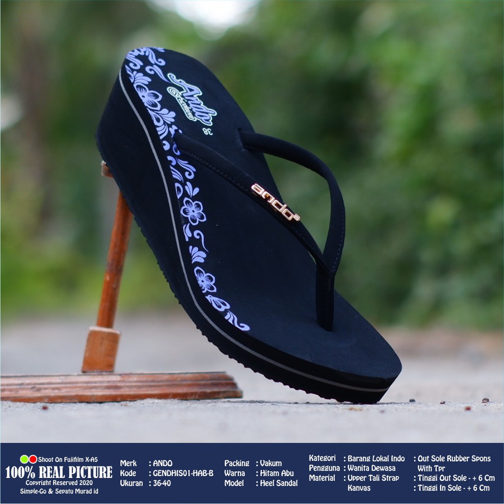 Sendal wanita wedges spon jepit original sandal cewek perempuan dewasa hak rata tinggi 5cm kwalitas import branded Ando Gendhis 03 01 ibu-ibu promo keren murah cod 36-40-GENDHIS01-HTMUNGU