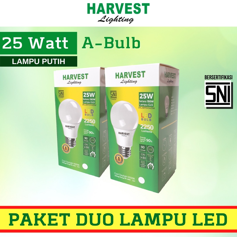 25W - Paket DUO - HARVEST LIGHTING Lampu Bohlam LED A Bulb  25 Watt Lampu Hemat Energi Original Bersertifikasi SNI dan Bergaransi