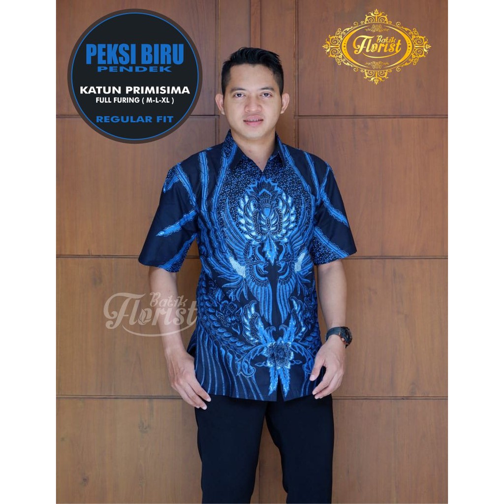 MANUK PEKSI BIRU PENDEK Kemeja Batik Pria Full Furing Katun Primisima