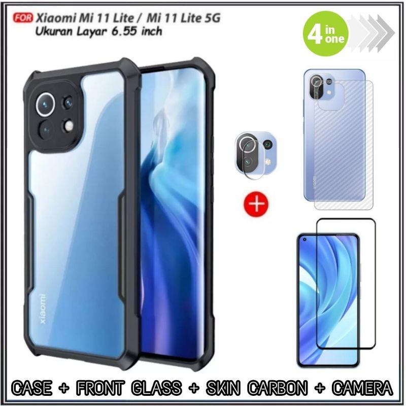 Paket 4in1 Case Xiaomi 11T / 11T Pro Hardcase Fusion ShockProof Free Tempered Glass Layar &amp; Lens Camera &amp; Skin Carbon