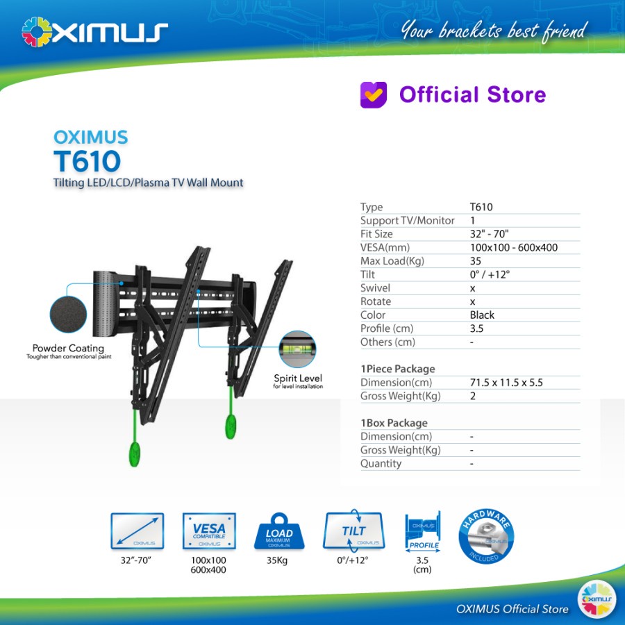 BRACKET TV LED LCD MONITOR 32"-70" OXIMUS T610 WALL MOUNT TILT