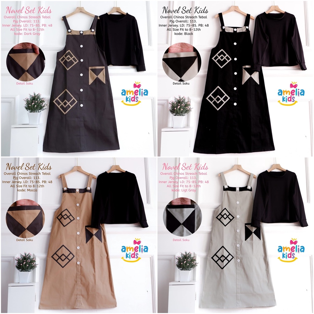 Novel Set Overall Anak Perempuan Umur 8-12 Tahun Bahan Spandek Jersey x Chinos by Amelia Kids