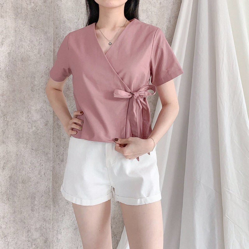 ARESTA TOP BAJU ATASAN BLOUSE WANITA LENGAN PENDEK BAHAN KATUN COTTON PITA RIBBON KIMONO POLOS FUCHSIA SHOCKING PINK KHAKI TOSCA PUMPKIN ORANGE GREYISH BLUE BLACK-1
