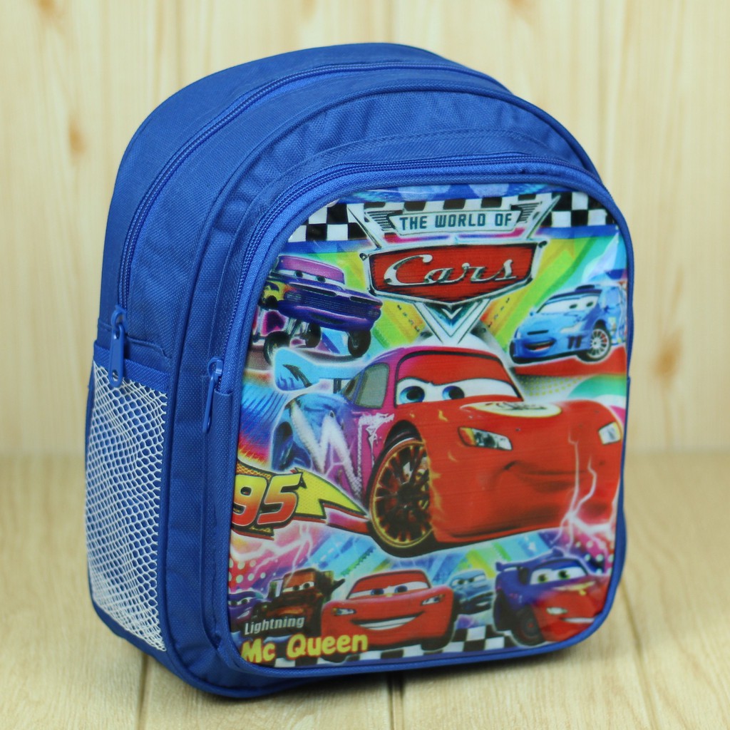 Tas Gendong Anak Laki Laki PAUD Motif Cars Biru Bahan Polyester Tebal Kuat Berkualitas