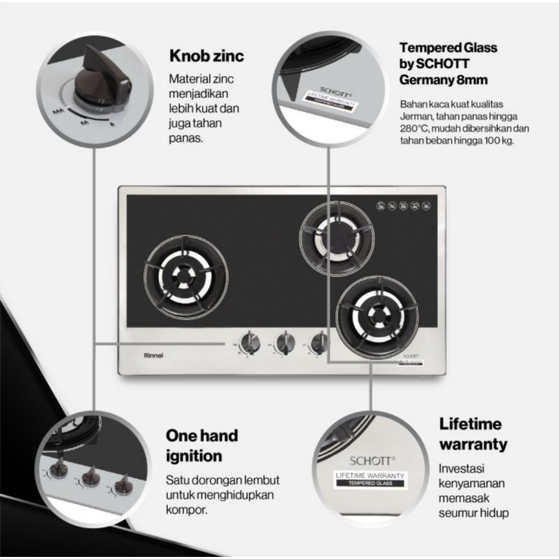 Kompor tanam gas  Rinnai RB 3 SS C GB / RB3SSC 3 tungku 70cm