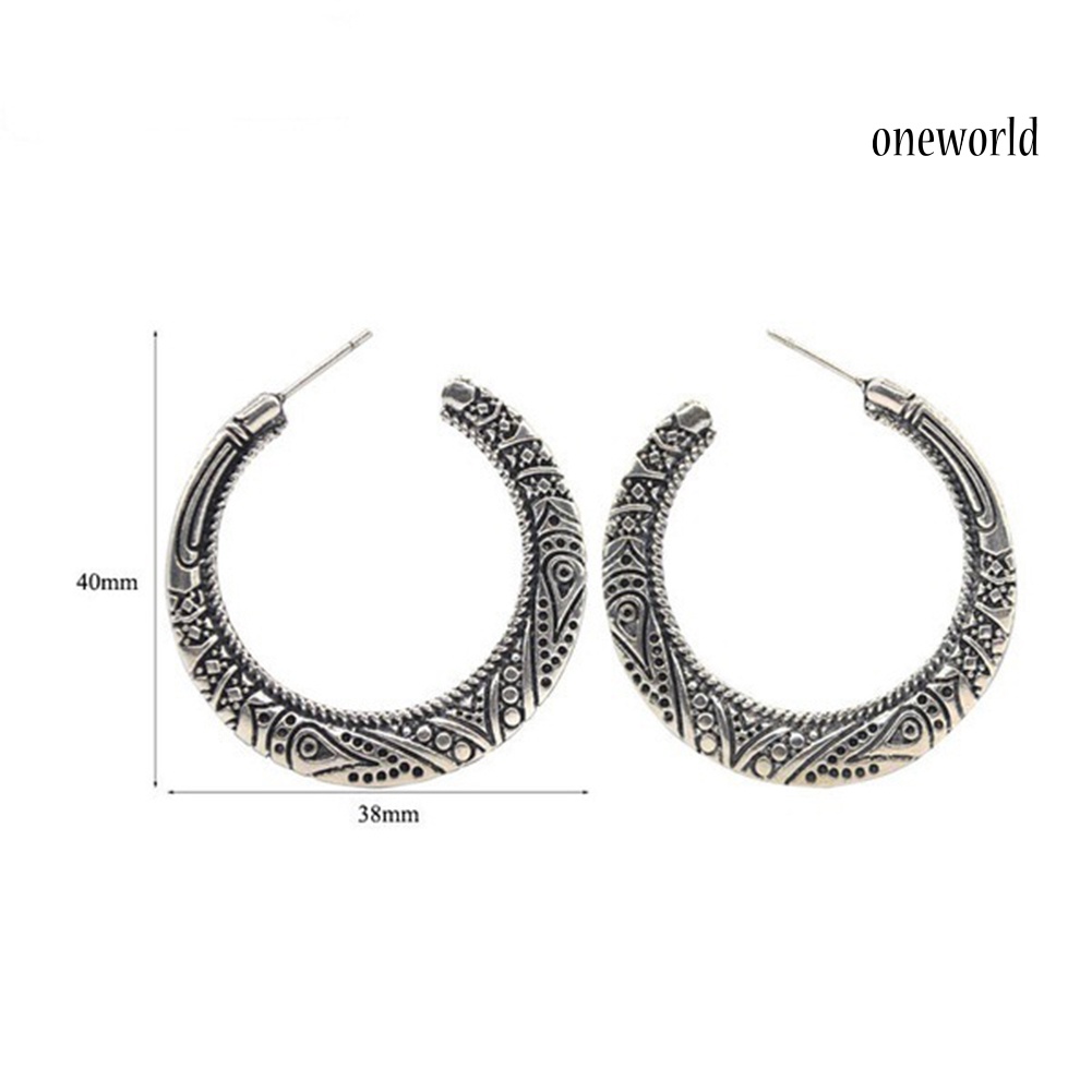 OW# Vintage Women Silver Plated Carved Circle Dangle Ear Stud Earrings Jewelry Gift