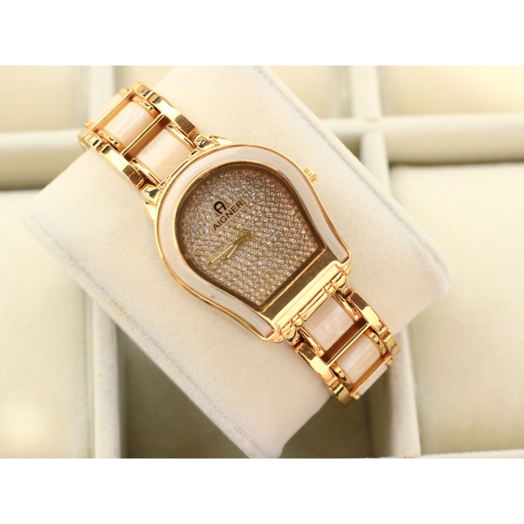 JAM TANGAN WANITA AIGNER I90 TALI RANTAI TANGGAL AKTIF PLAT MOTIF DM 3.0CM FREE BOX  || JAM TANGAN FASHION WANITA AIGNER