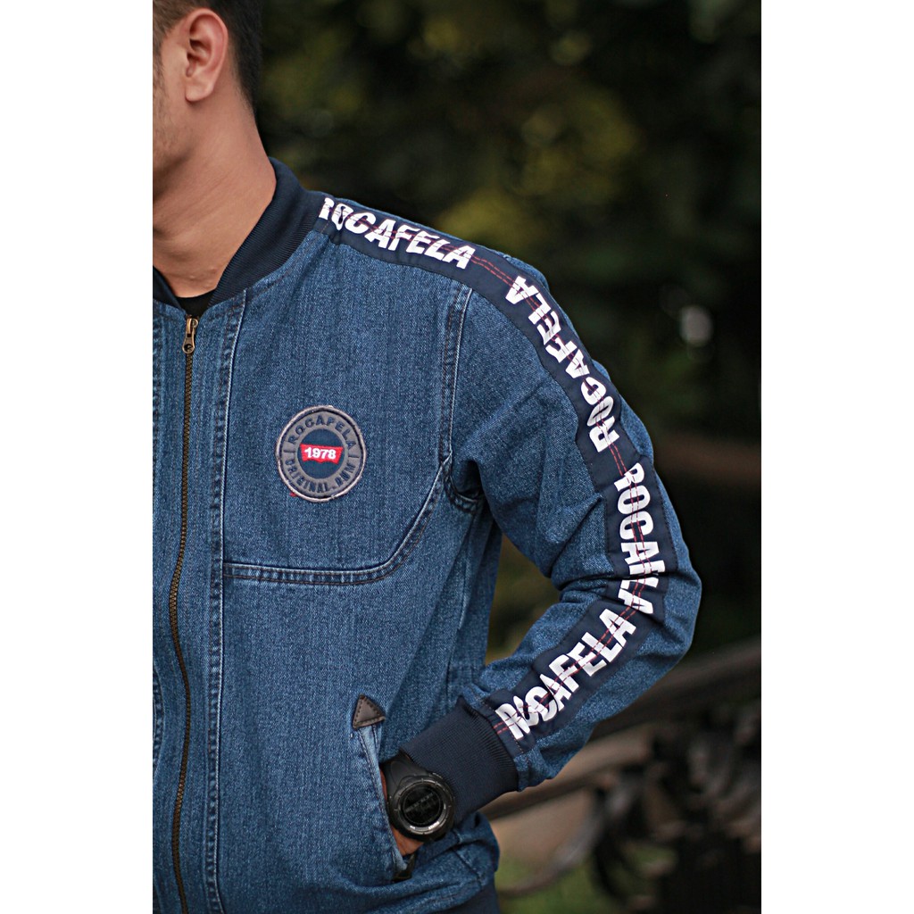 TURUN HARGA ! Jaket Jeans Pria - Bomber Jeans Taping Part 1 Rocafela Original - Jaket Motor Jeans