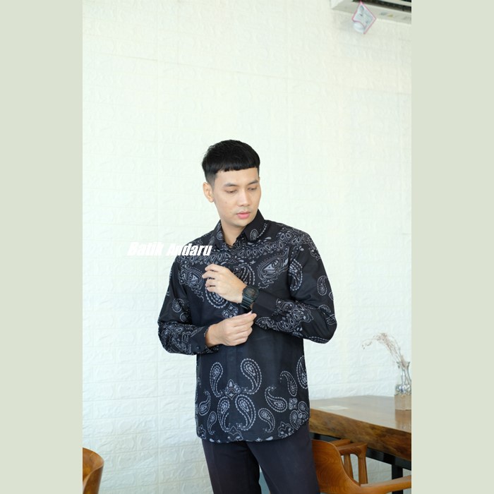 Atasan Hem Kemeja Baju Batik Pria Cowok Laki Laki Lengan Panjang Modern Lapis Furing Erro Kualitas Premium Warna Hitam Bahan Katun Primisima Terbaru