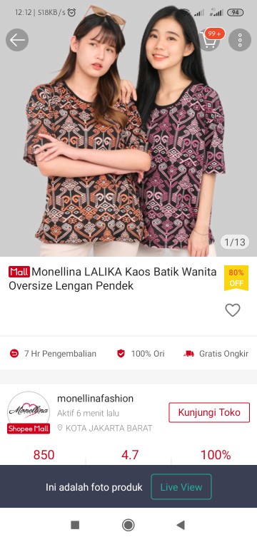 Monellina Lalika Kaos Batik Wanita Oversize Lengan Pendek
