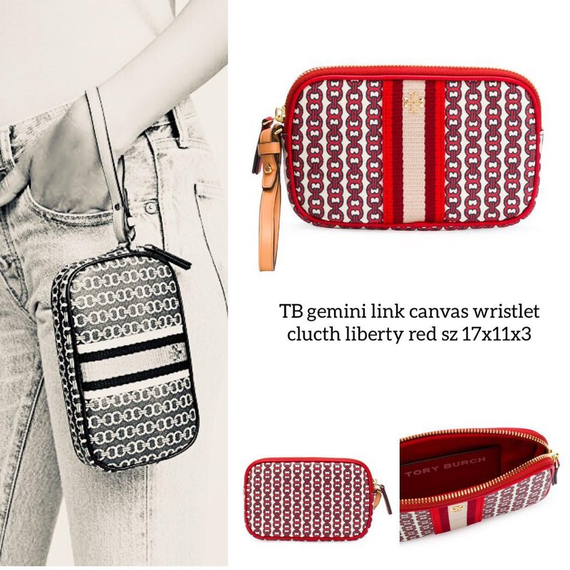 clutch tory burch original gemini link canvas wristlet liberty red