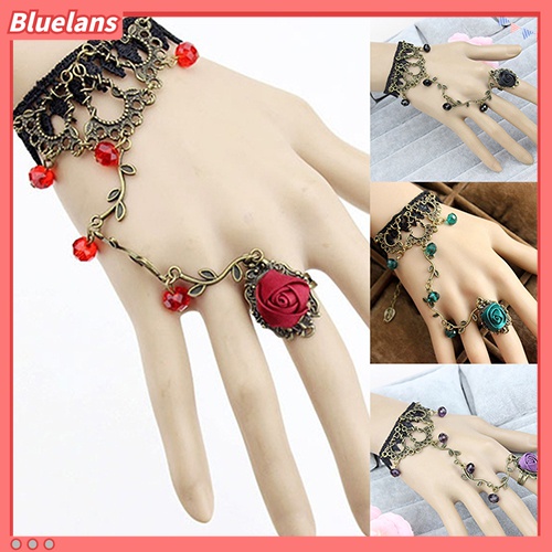 Bluelans Gelang Sambung Cincin Bahan Lace Motif Bunga Gaya Retro / Gothic Untuk Wanita