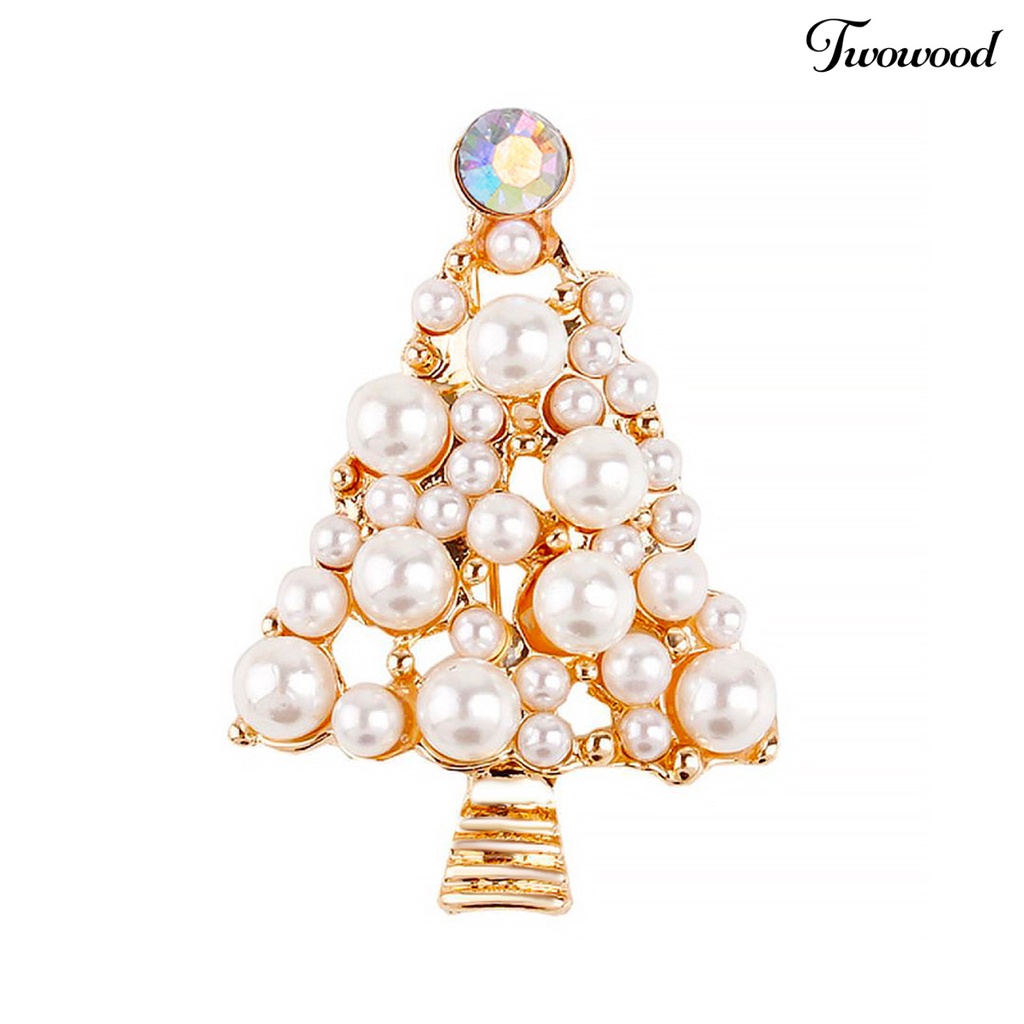 Twowood Brooch Pin Christmas Tree Shape Faux Pearls Jewelry Exquisite All Match Brooch Clothes Decor