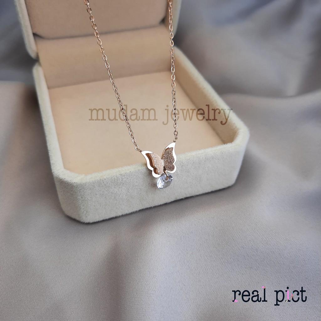 Kalung Titanium Kupu-Kupu Diamond Gantung Tersedia Warna Rosegold, Gold dan Silver