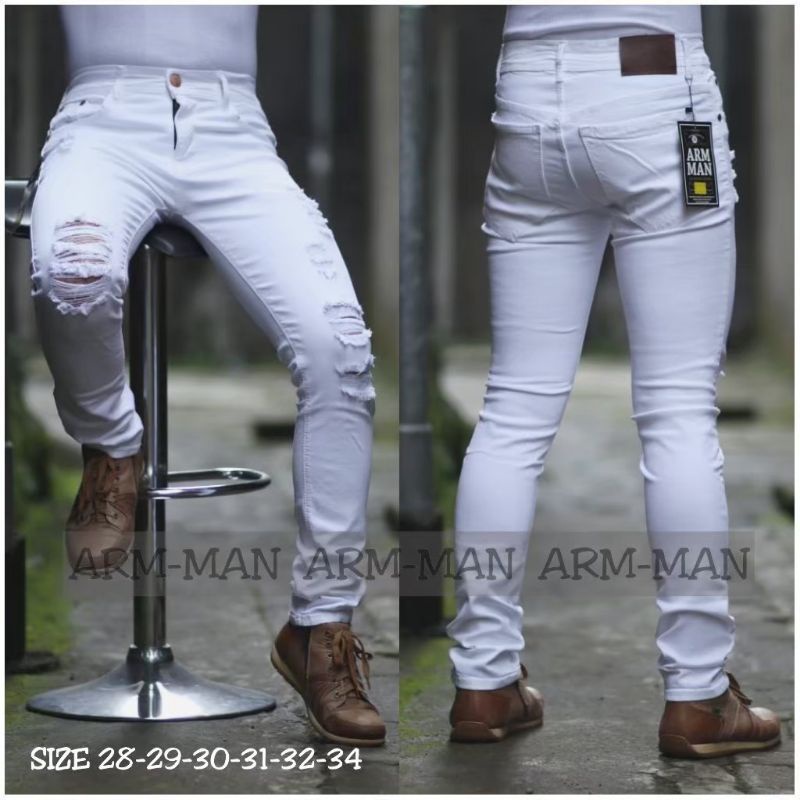 Jeans Putih Celana Pria Jeans Ripped Arm-Man Sobek Polos